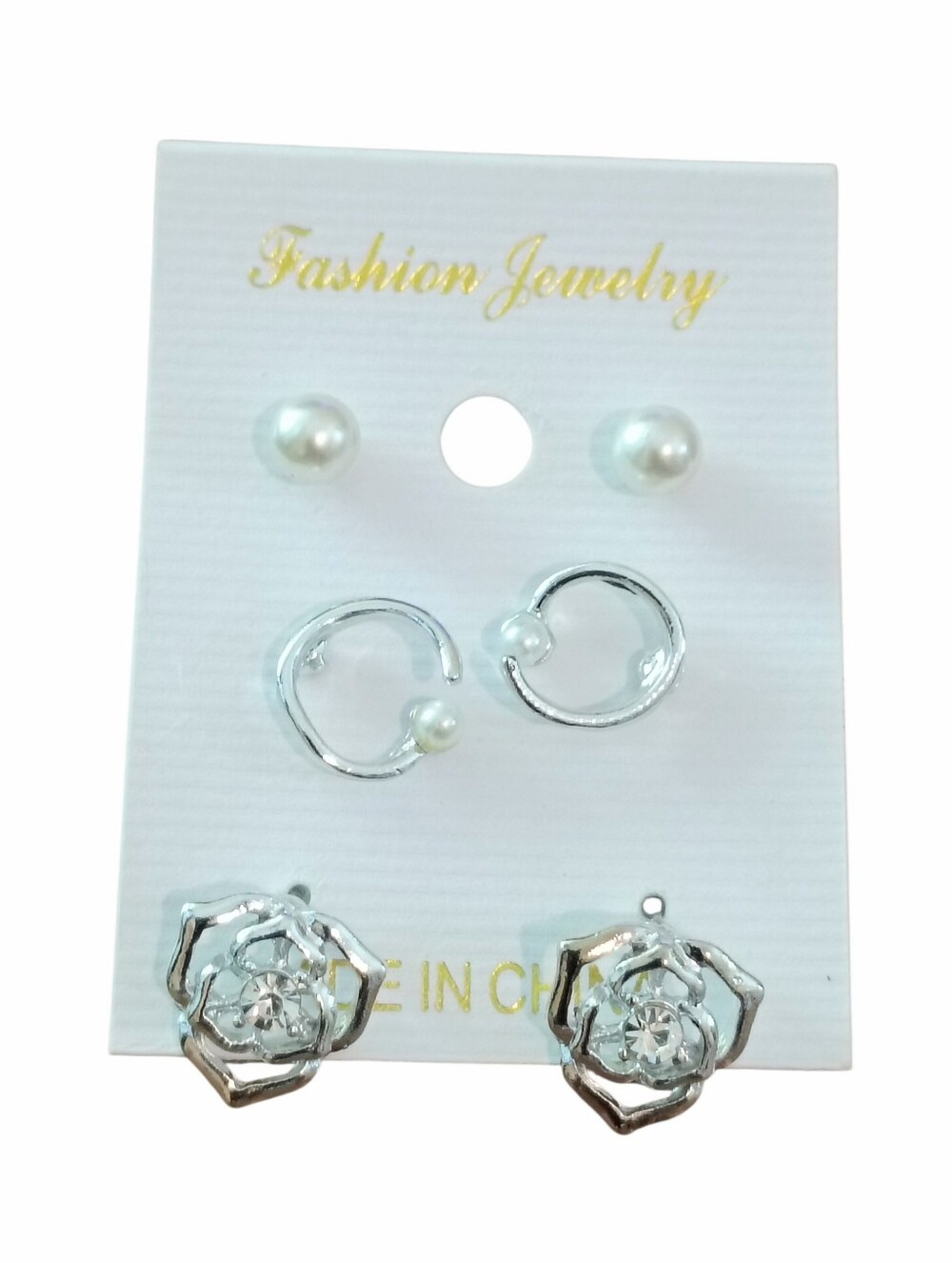 silver pearl flower stud earring set - Picture 2 of 4